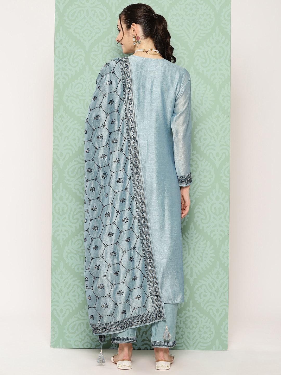 Blue Embroidered Silk Blend Straight Kurta With Trousers & Dupatta - Libas 