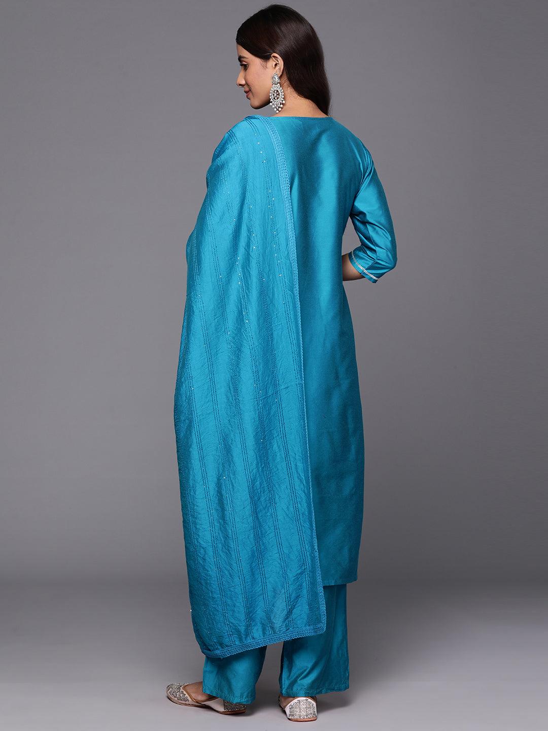 Blue Embroidered Silk Blend Straight Kurta With Trousers & Dupatta - Libas 