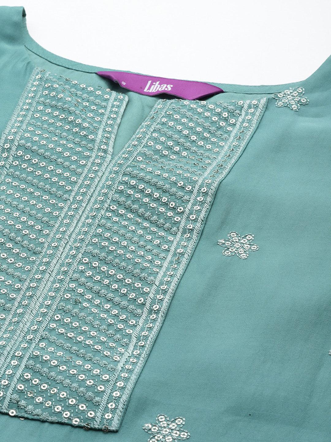 Blue Embroidered Silk Blend Straight Kurta With Trousers & Dupatta - Libas