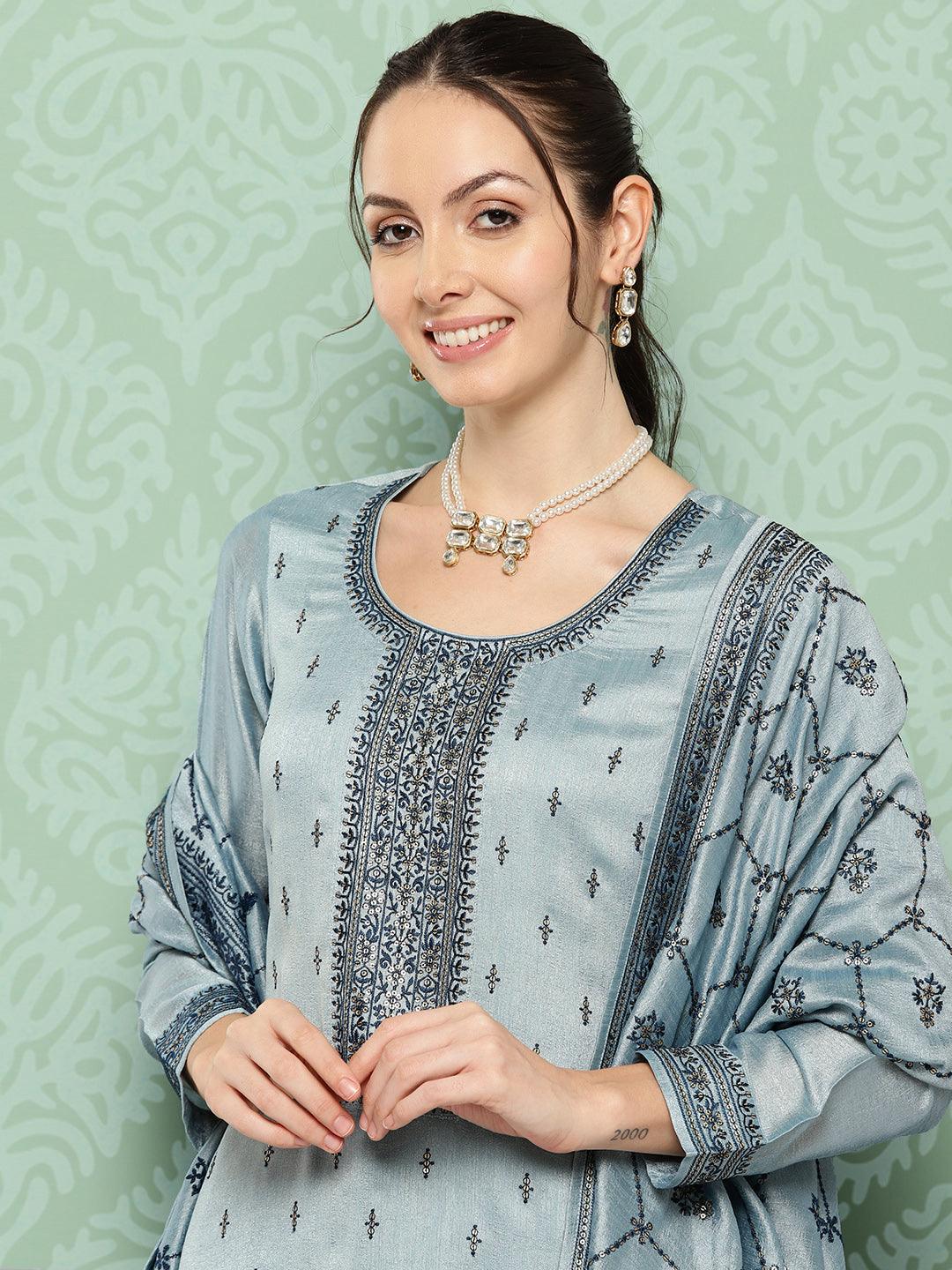 Blue Embroidered Silk Blend Straight Kurta With Trousers & Dupatta - Libas 