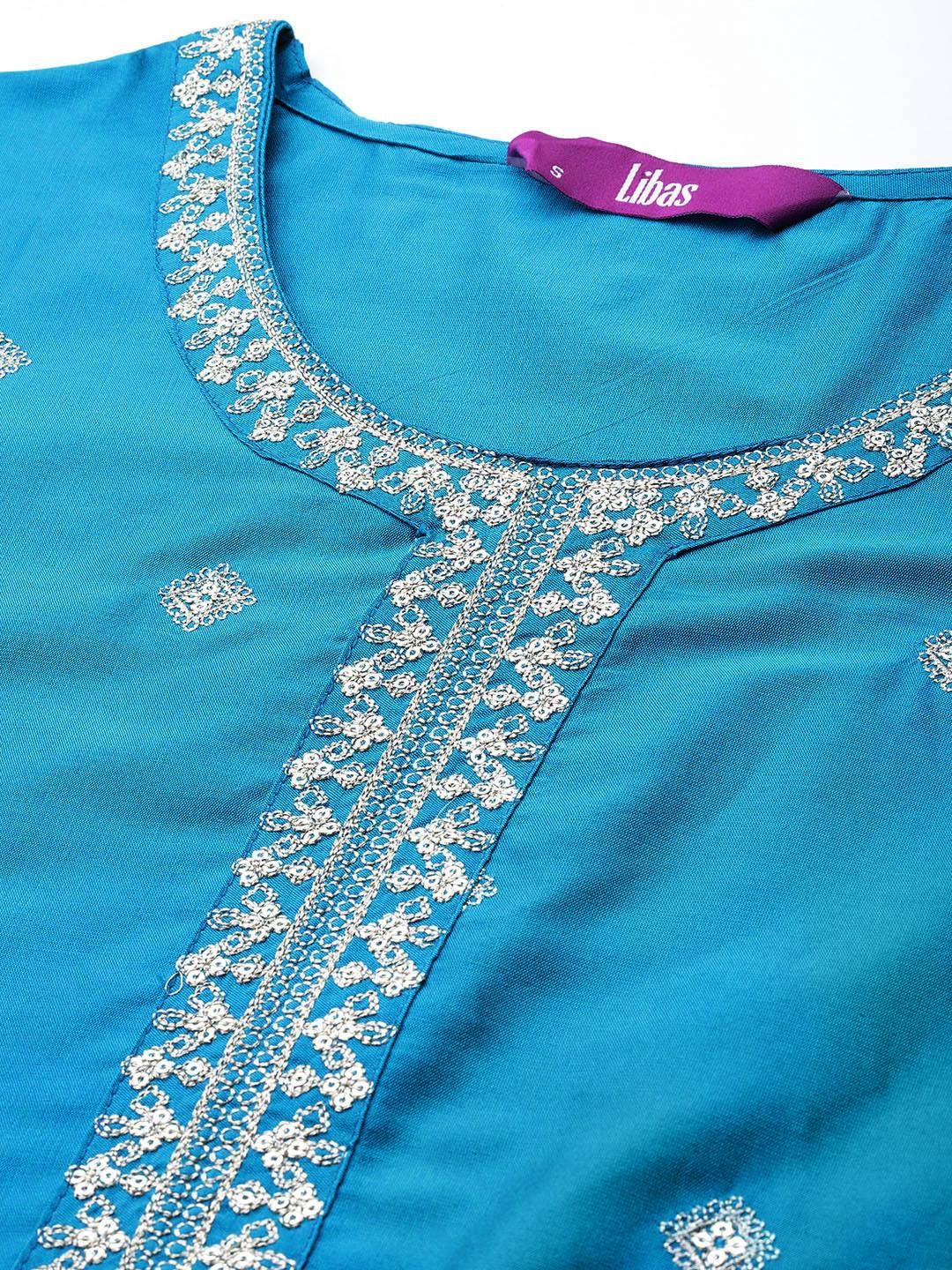 Blue Embroidered Silk Blend Straight Kurta With Trousers & Dupatta - Libas 