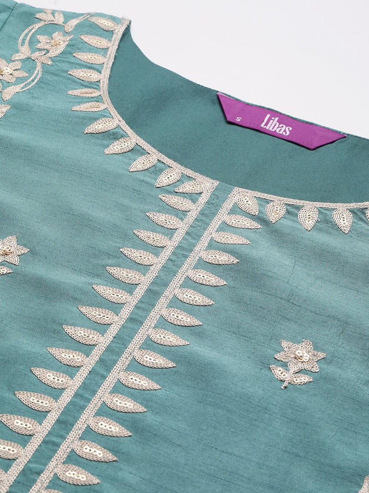 Blue Embroidered Silk Blend Straight Kurta With Trousers & Dupatta - Libas