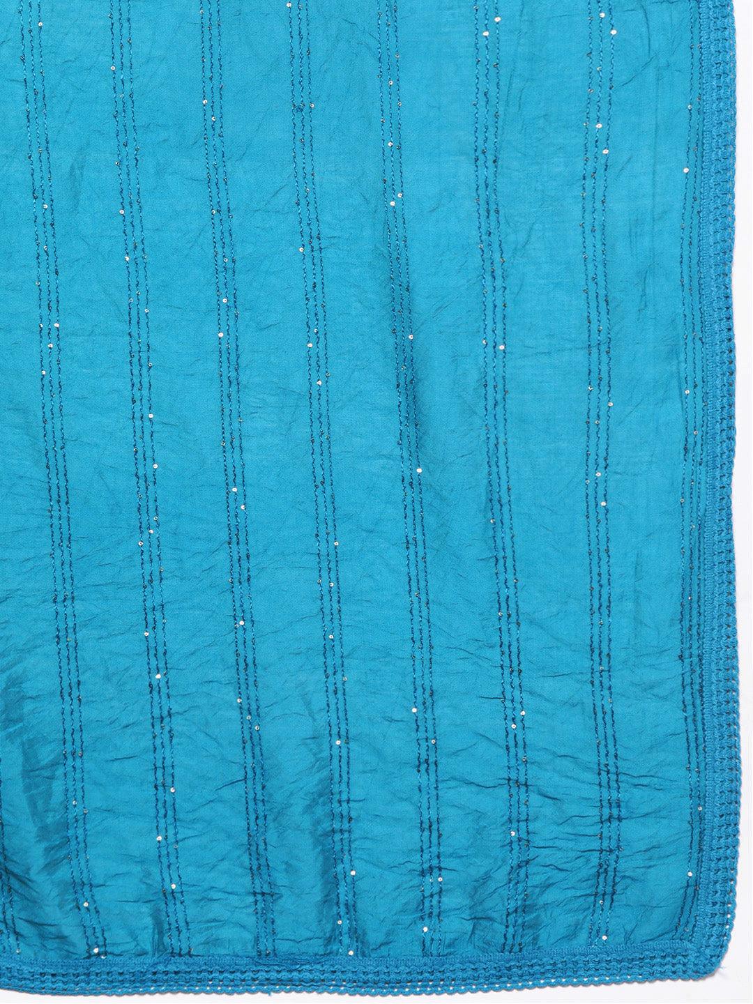 Blue Embroidered Silk Blend Straight Kurta With Trousers & Dupatta - Libas 