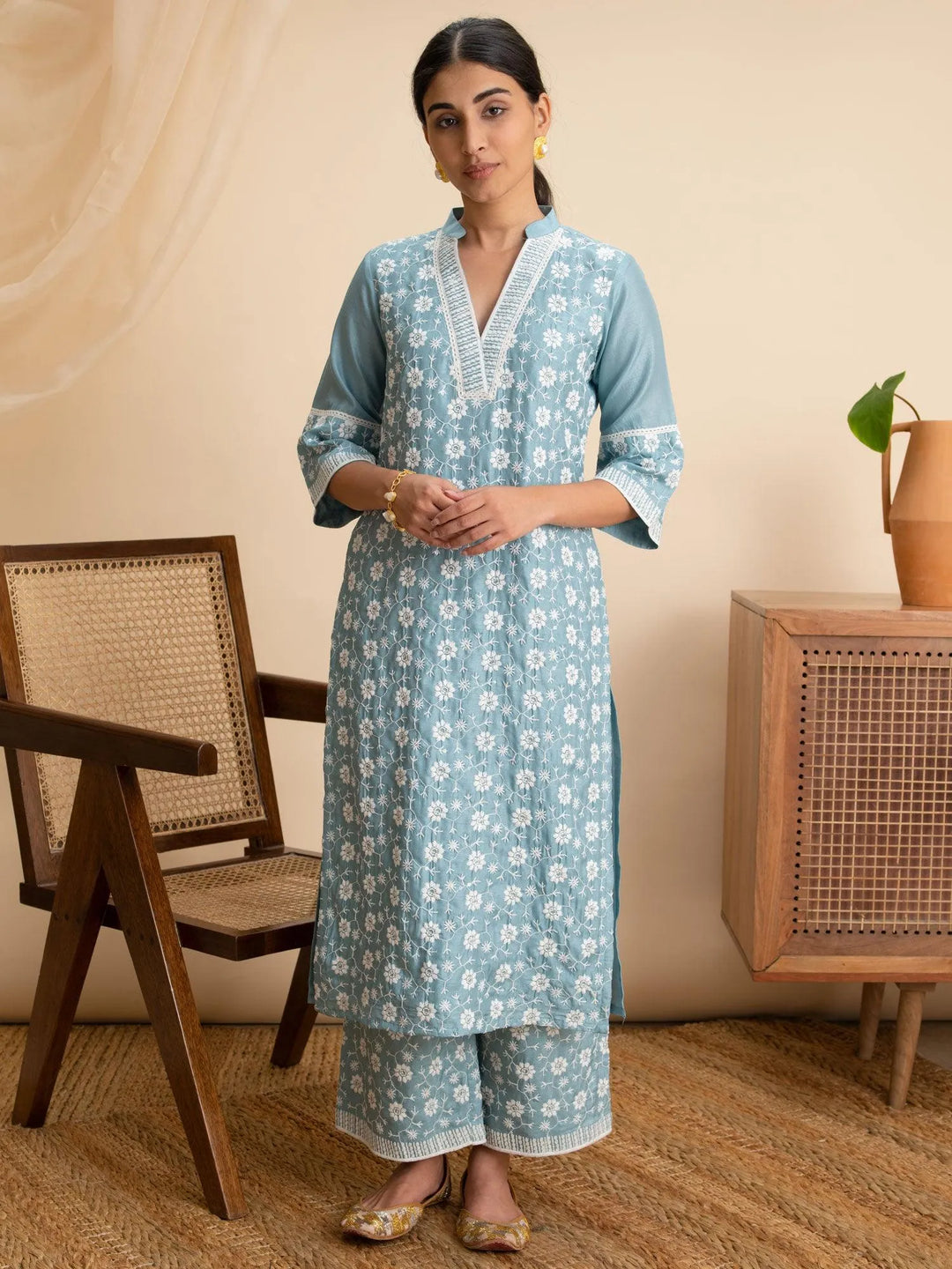 Blue Embroidered Silk Kurta - Libas 