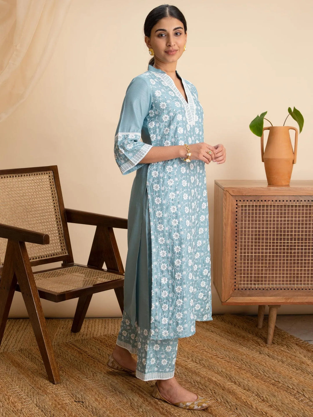 Blue Embroidered Silk Kurta - Libas 