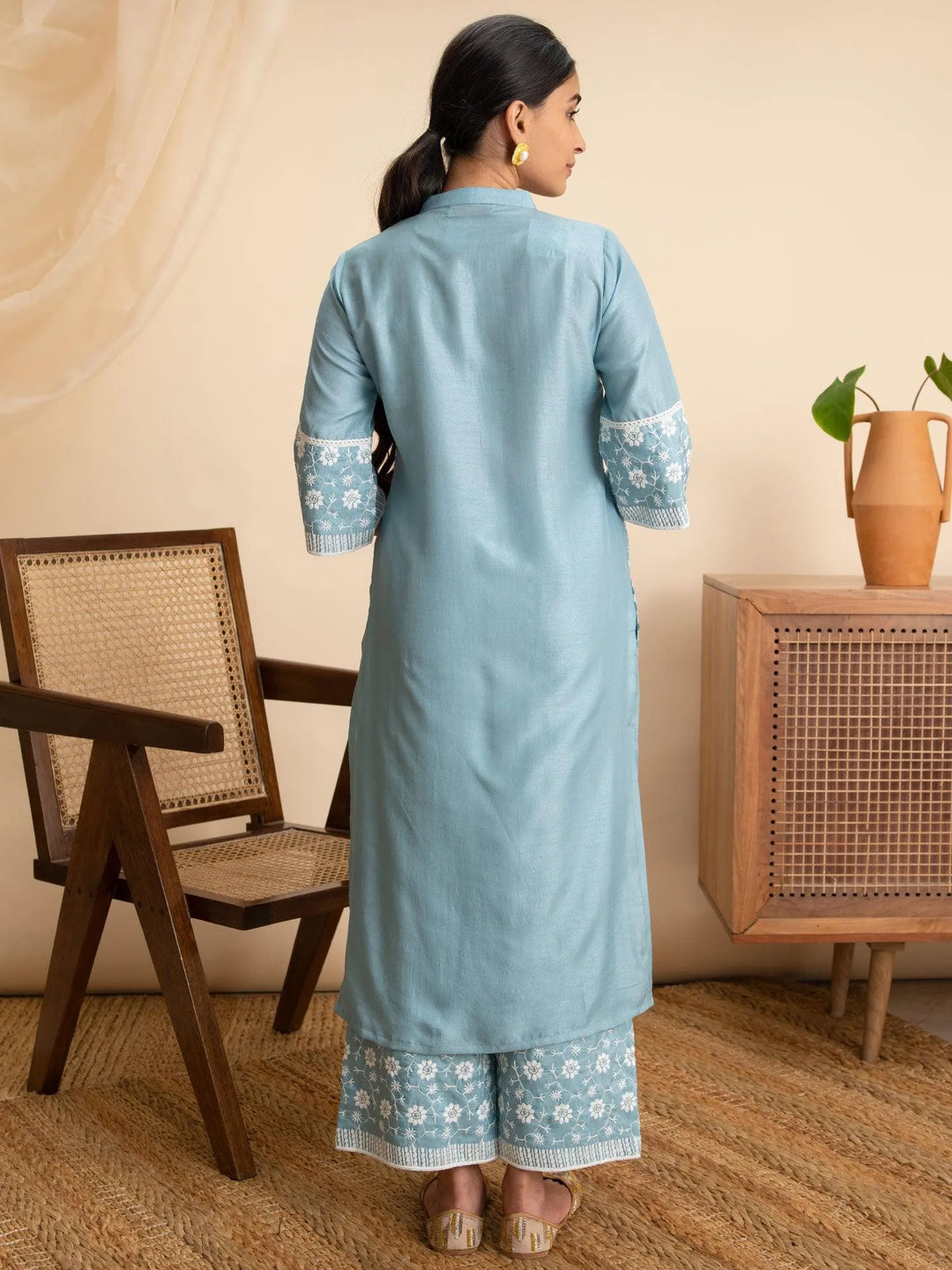 Blue Embroidered Silk Kurta - Libas