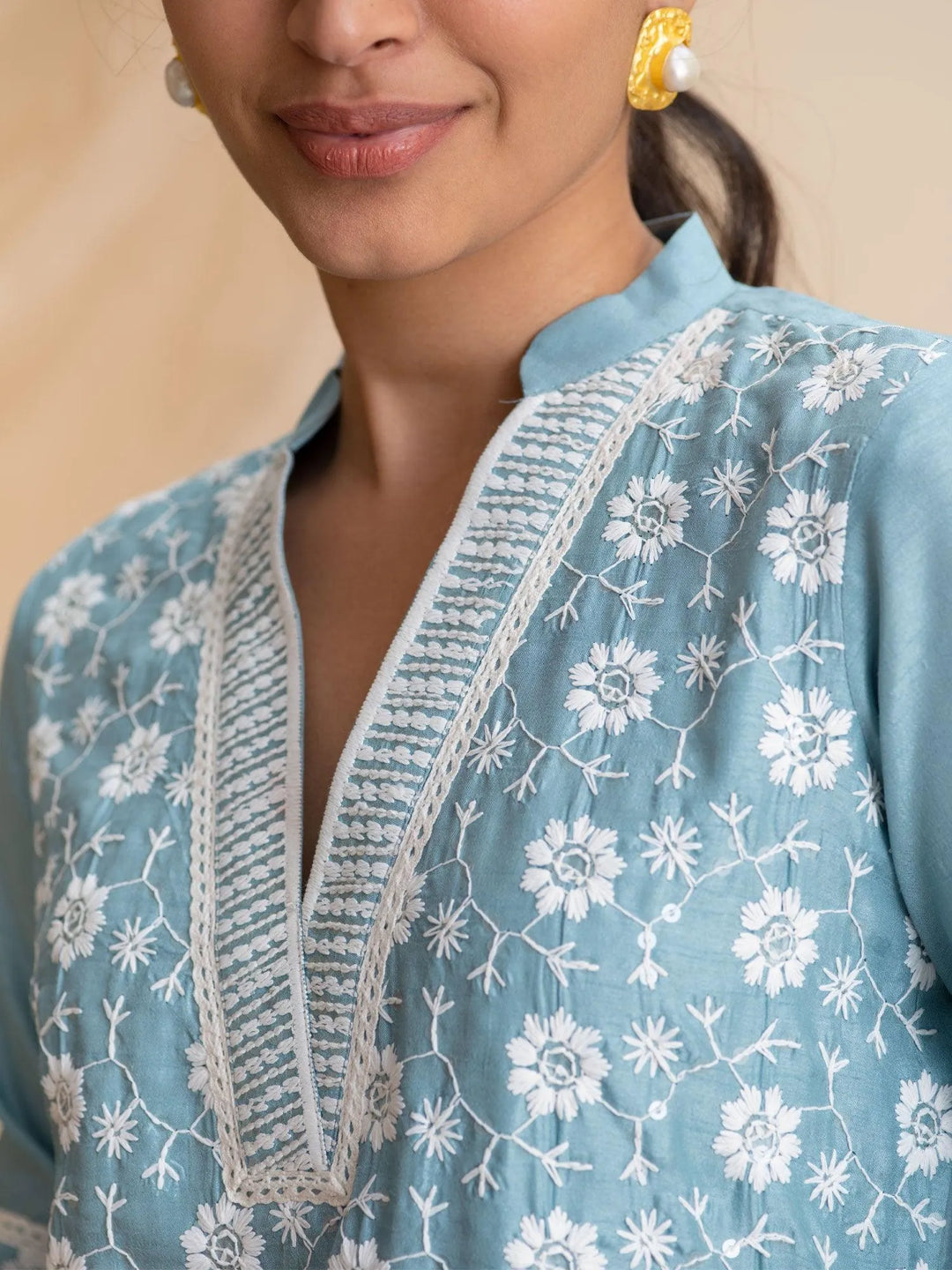 Blue Embroidered Silk Kurta - Libas 