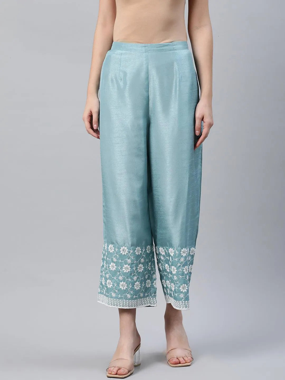 Blue Embroidered Silk Palazzos - Libas