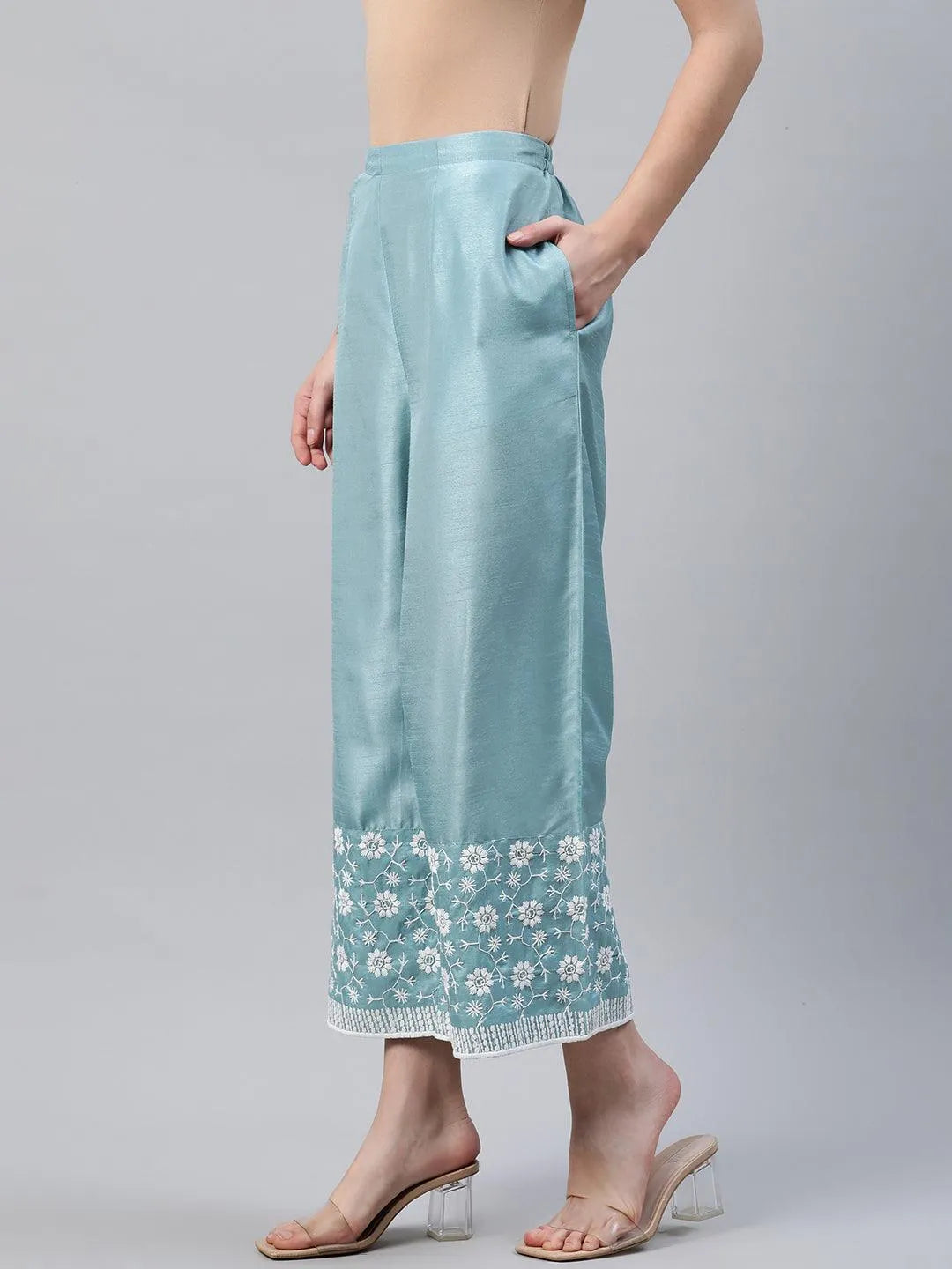 Blue Embroidered Silk Palazzos - Libas