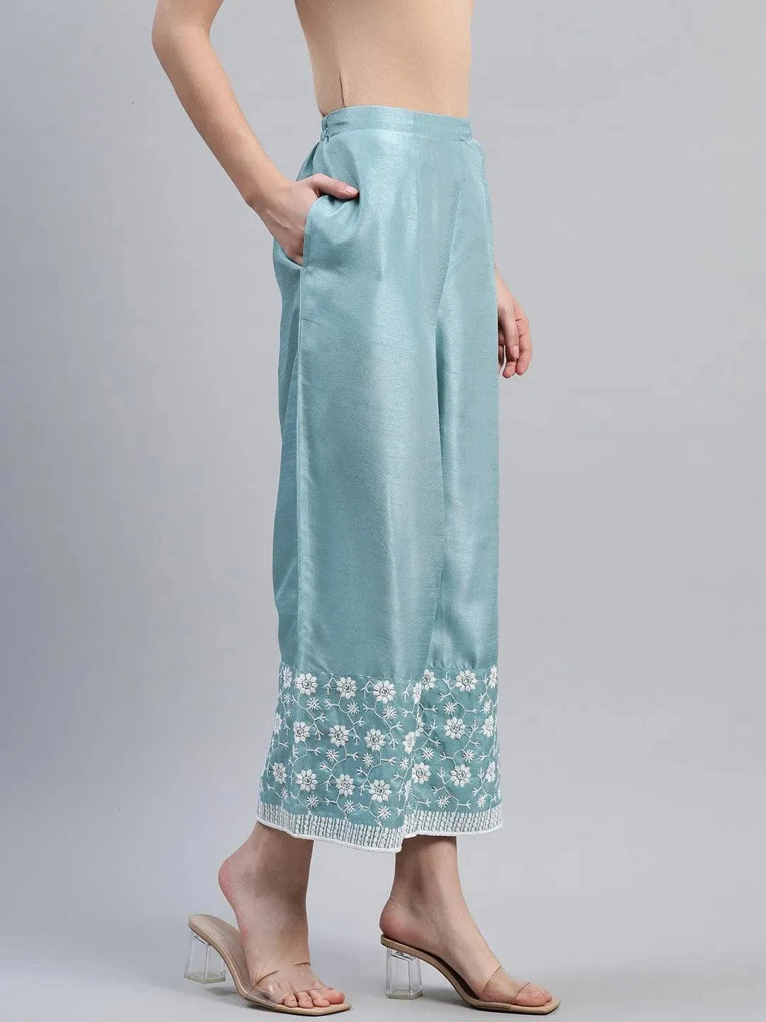 Blue Embroidered Silk Palazzos - Libas 