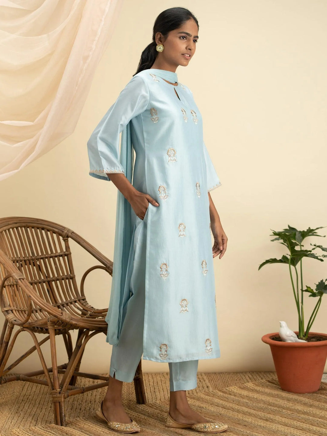 Blue Embroidered Silk Suit Set - Libas 