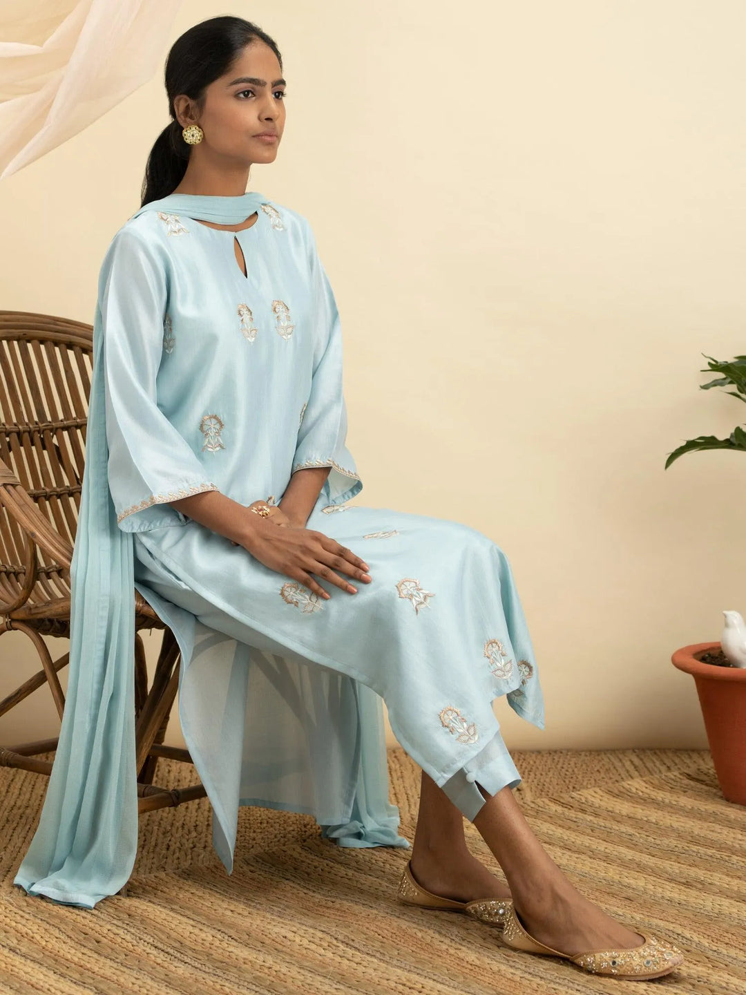 Blue Embroidered Silk Suit Set - Libas 