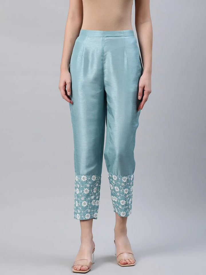 Blue Embroidered Silk Trousers - Libas