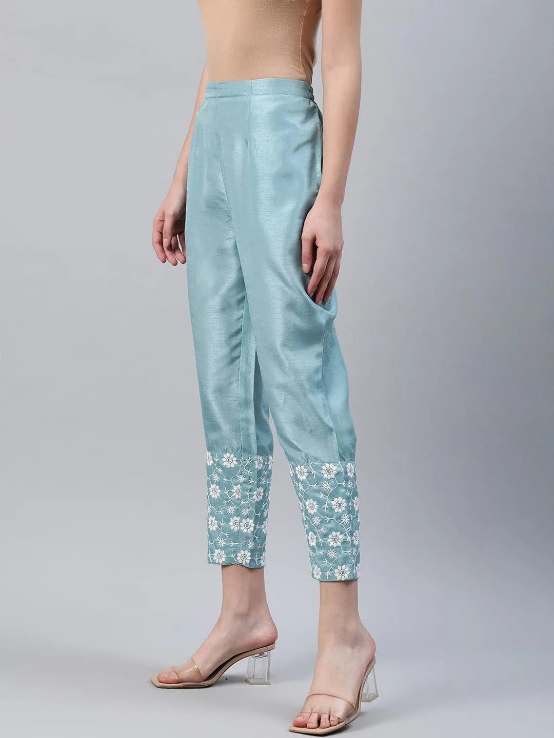 Blue Embroidered Silk Trousers - Libas 