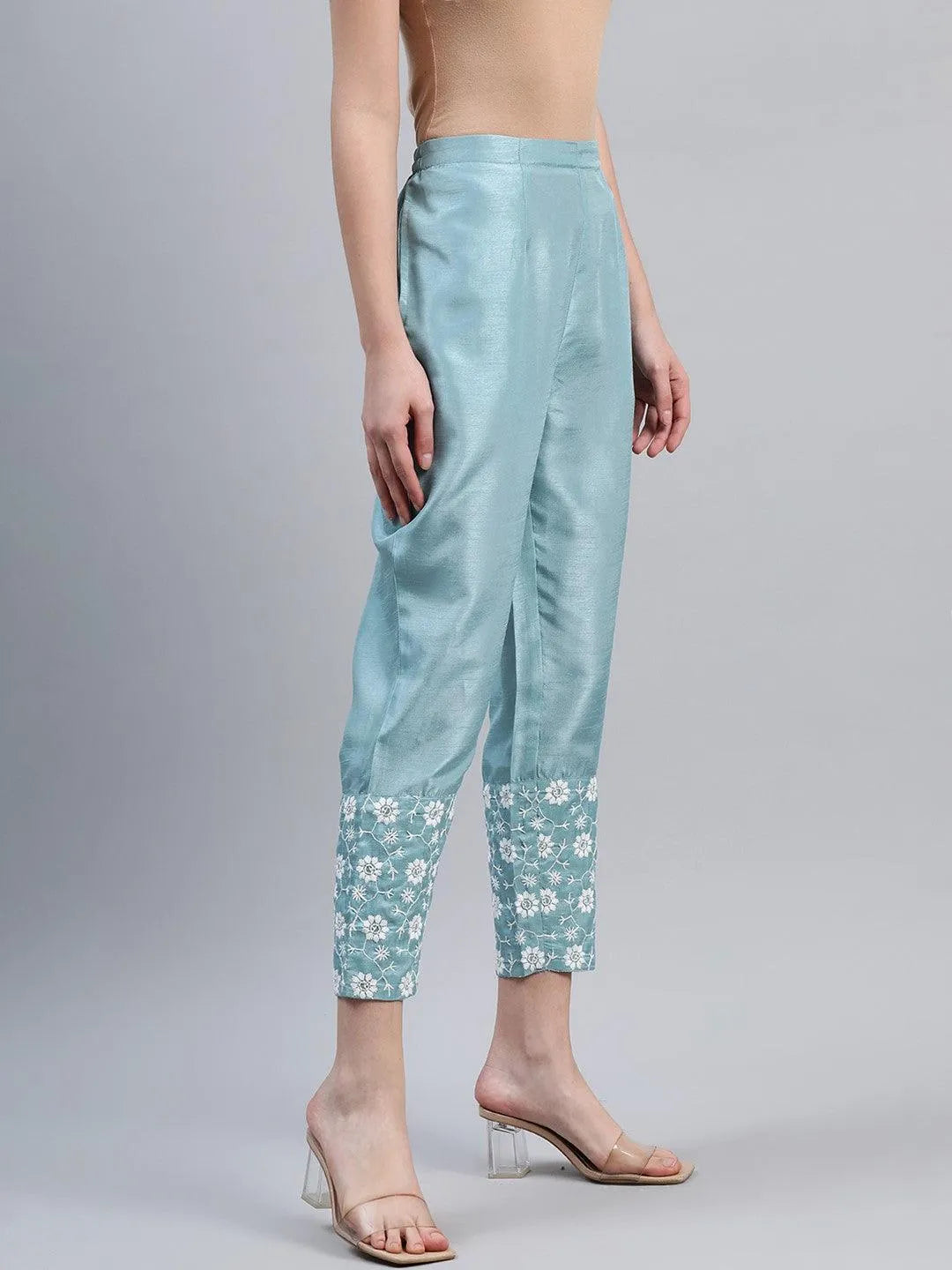 Blue Embroidered Silk Trousers - Libas 