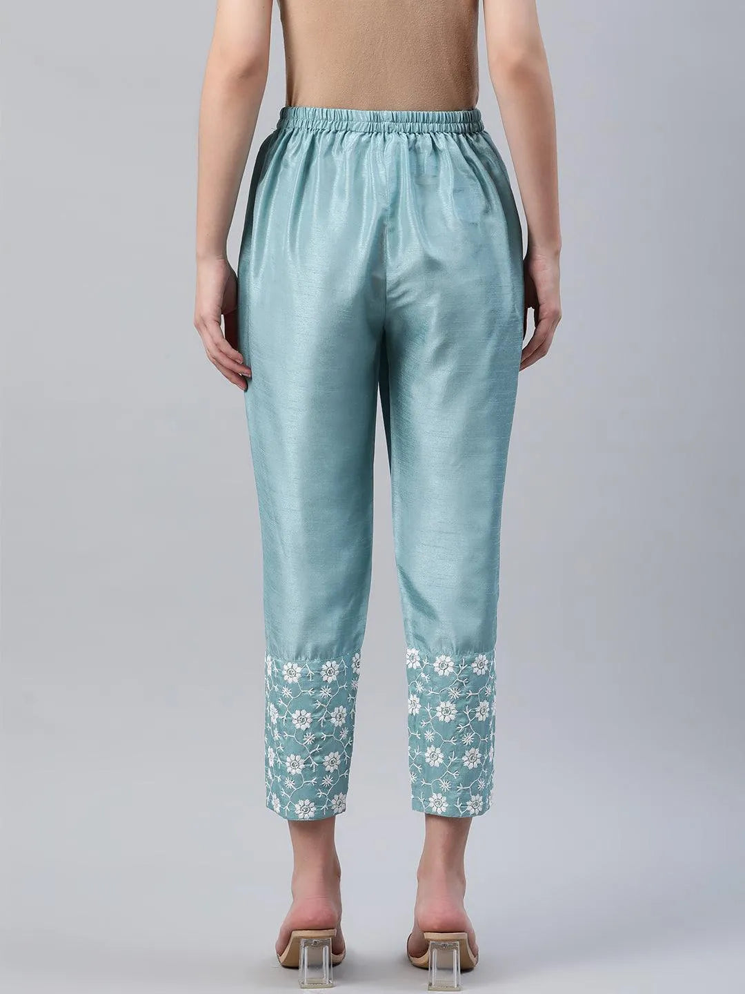 Blue Embroidered Silk Trousers - Libas 