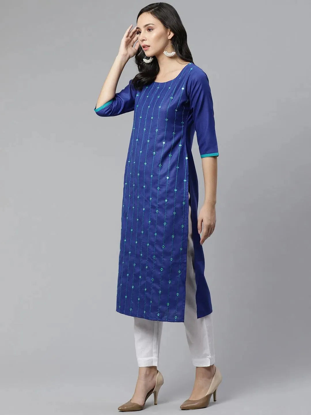 Blue Mirror Work Cotton Kurta - Libas