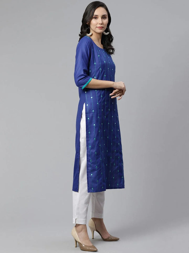 Blue Mirror Work Cotton Kurta - Libas