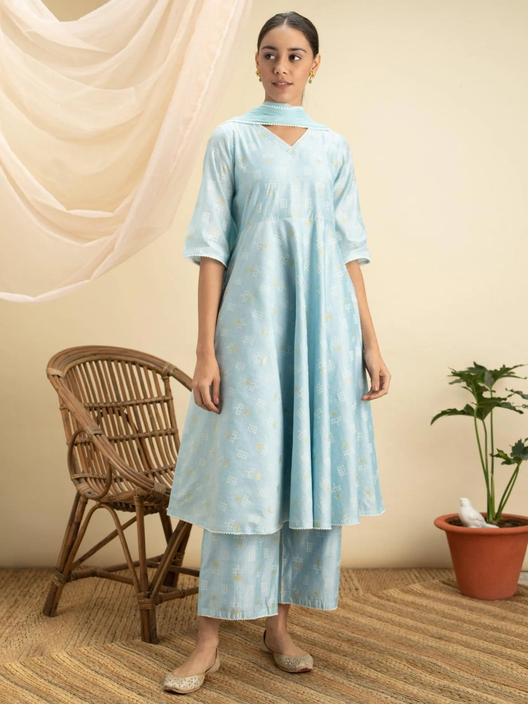 Blue Printed Chanderi Silk Suit Set - Libas