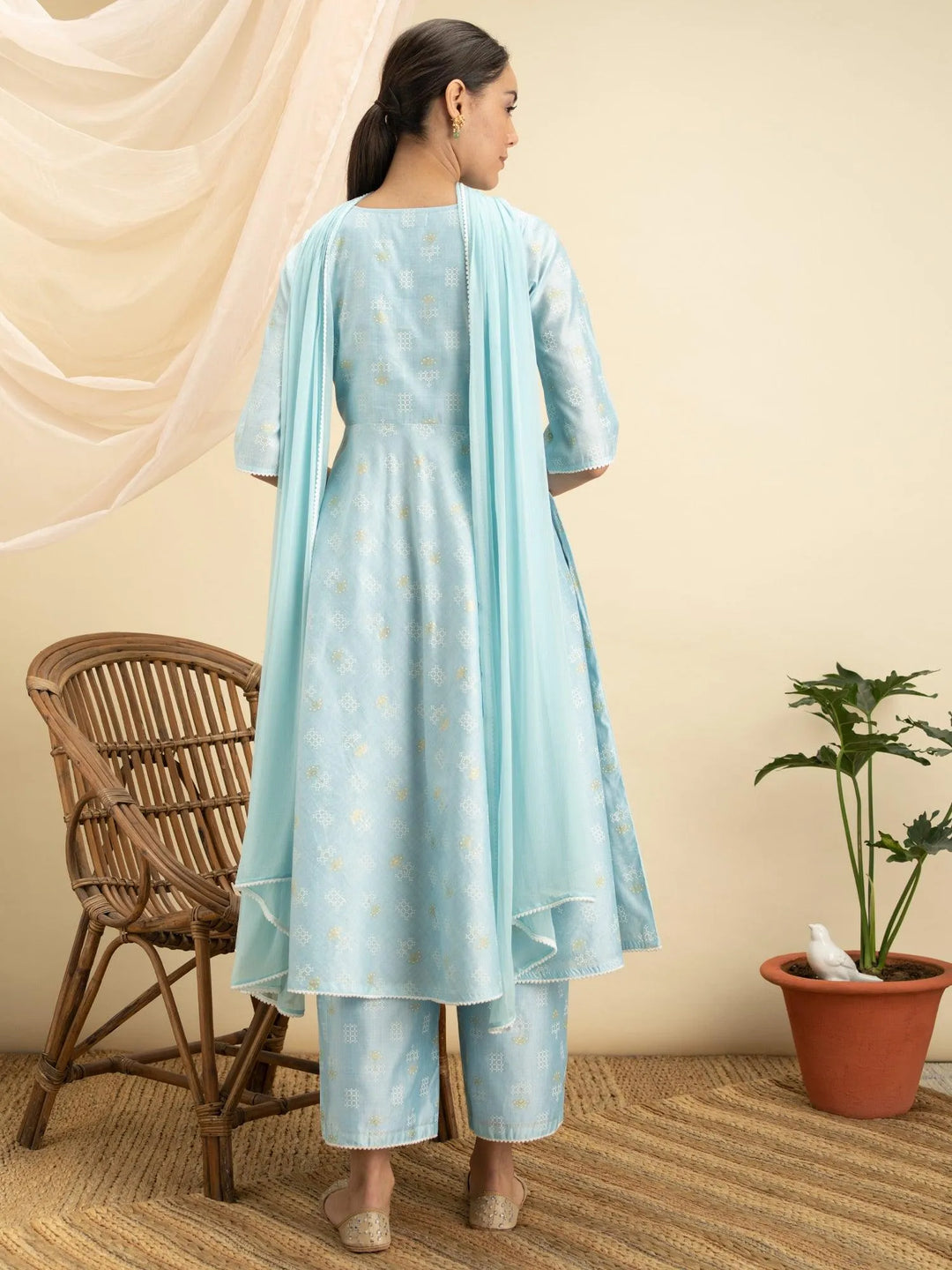 Blue Printed Chanderi Silk Suit Set - Libas