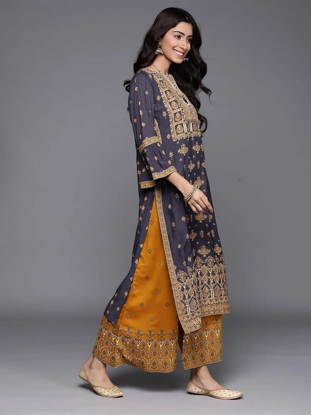 Blue Printed Chanderi Silk Kurta - Libas