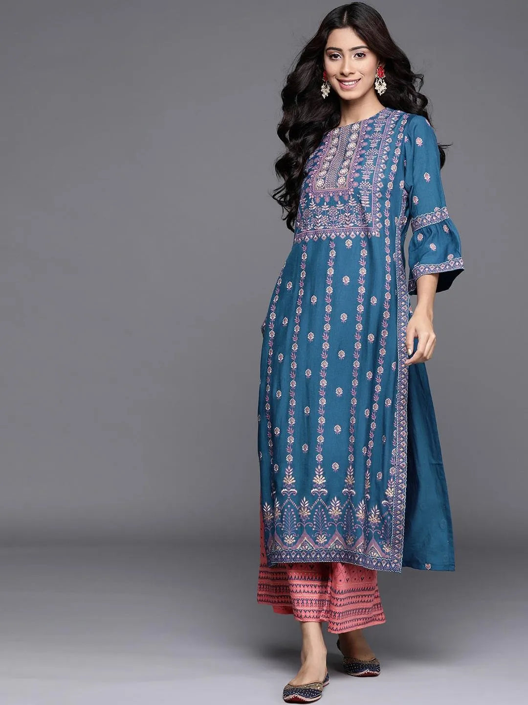 Blue Printed Chanderi Silk Kurta - Libas