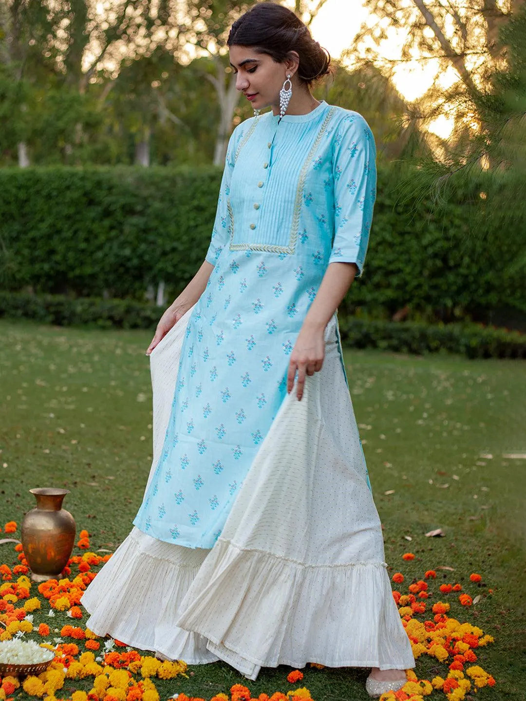 Blue Printed Chanderi Silk Kurta - Libas 