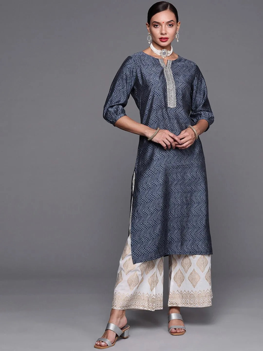 Blue Printed Chanderi Silk Kurta - Libas 