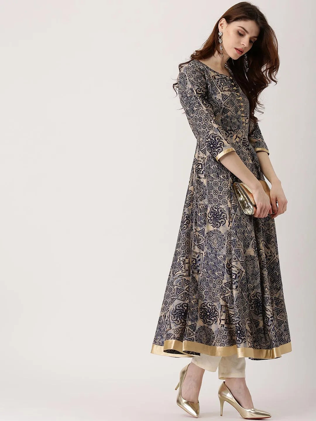 Blue Printed Chanderi Silk Kurta - Libas 