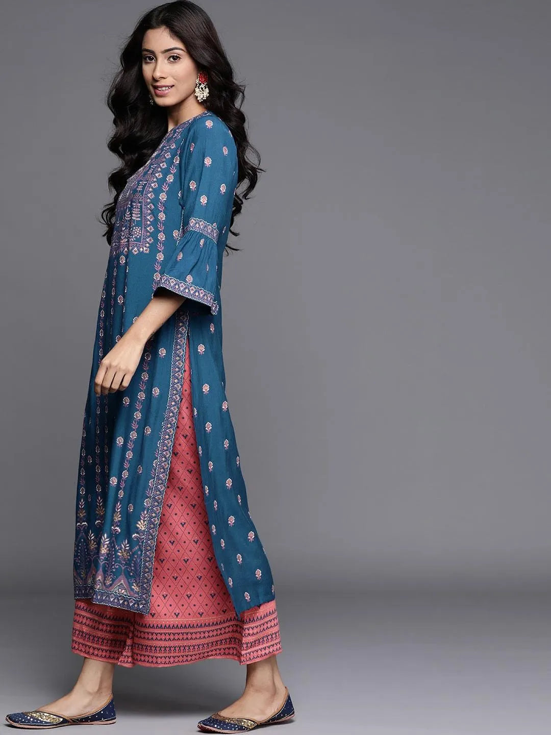 Blue Printed Chanderi Silk Kurta - Libas 