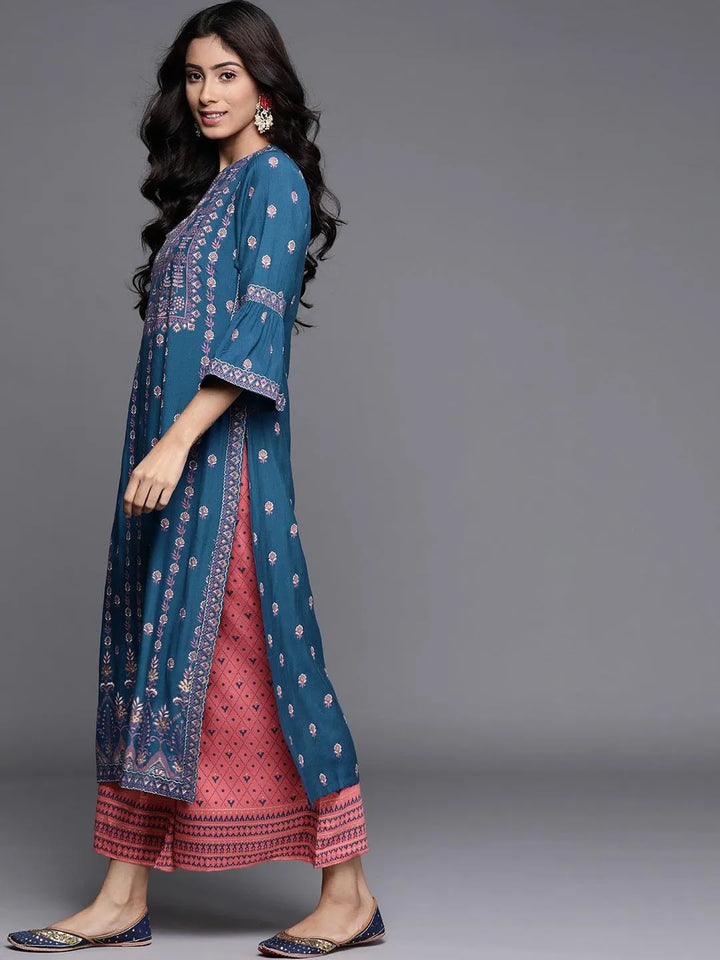 Blue Printed Chanderi Silk Kurta - Libas