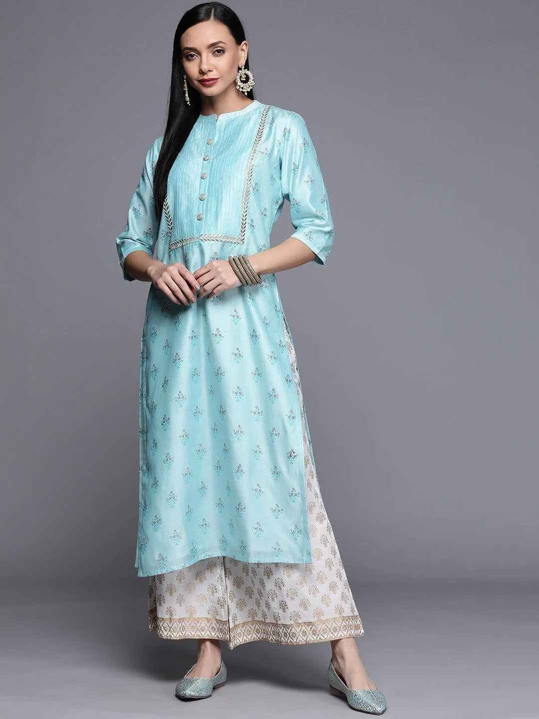 Blue Printed Chanderi Silk Kurta - Libas 