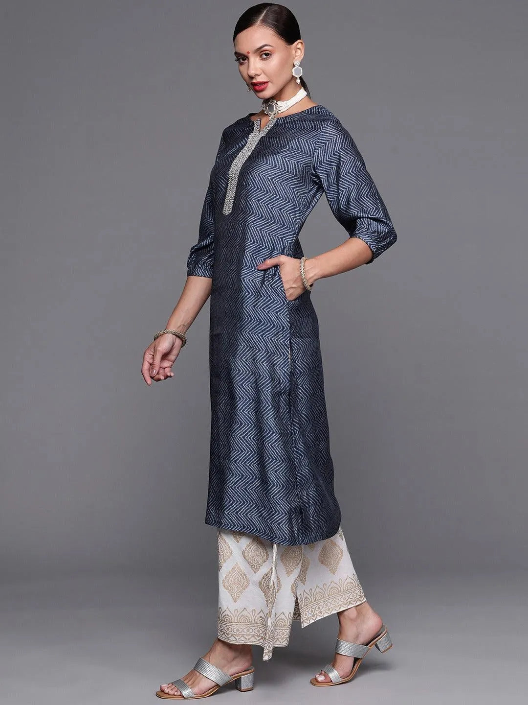 Blue Printed Chanderi Silk Kurta - Libas