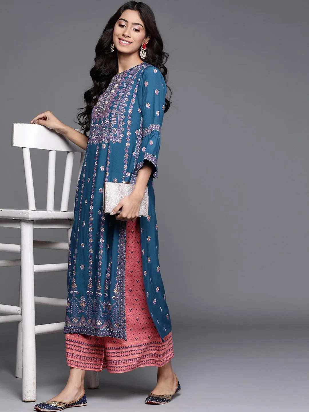 Blue Printed Chanderi Silk Kurta - Libas 