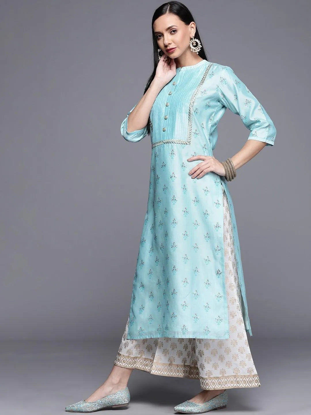 Blue Printed Chanderi Silk Kurta - Libas 