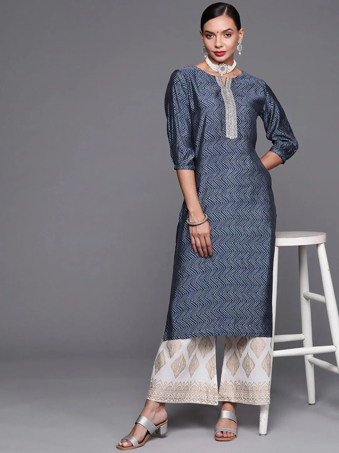 Blue Printed Chanderi Silk Kurta - Libas 