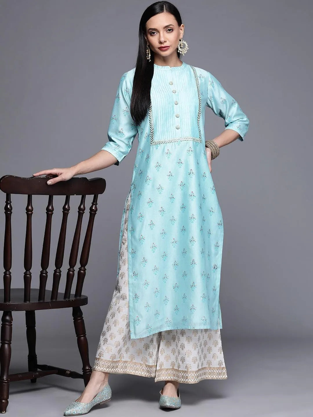 Blue Printed Chanderi Silk Kurta - Libas 