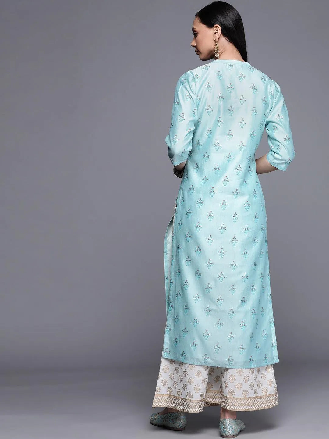 Blue Printed Chanderi Silk Kurta - Libas 