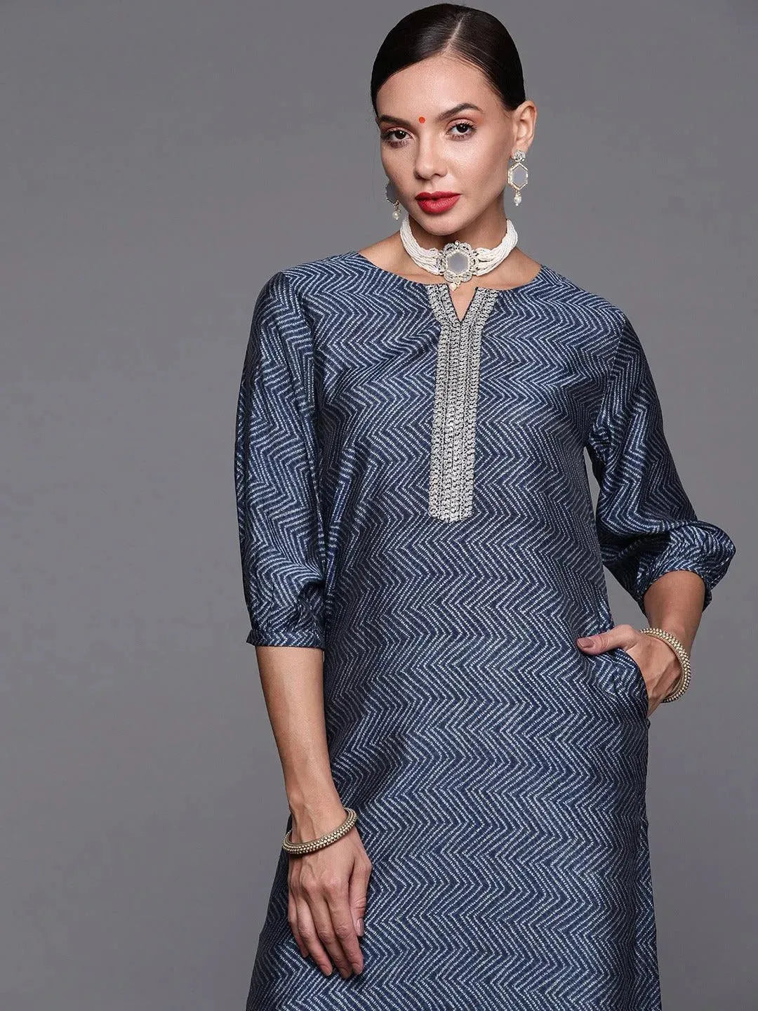 Blue Printed Chanderi Silk Kurta - Libas 