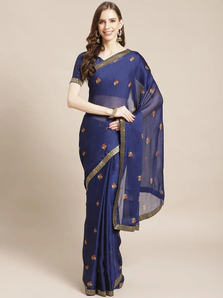 Blue Printed Chiffon Saree - Libas