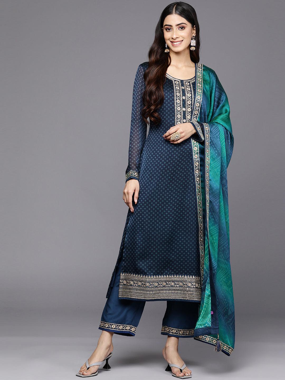 Blue Printed Chiffon Straight Suit Set With Trousers - Libas 