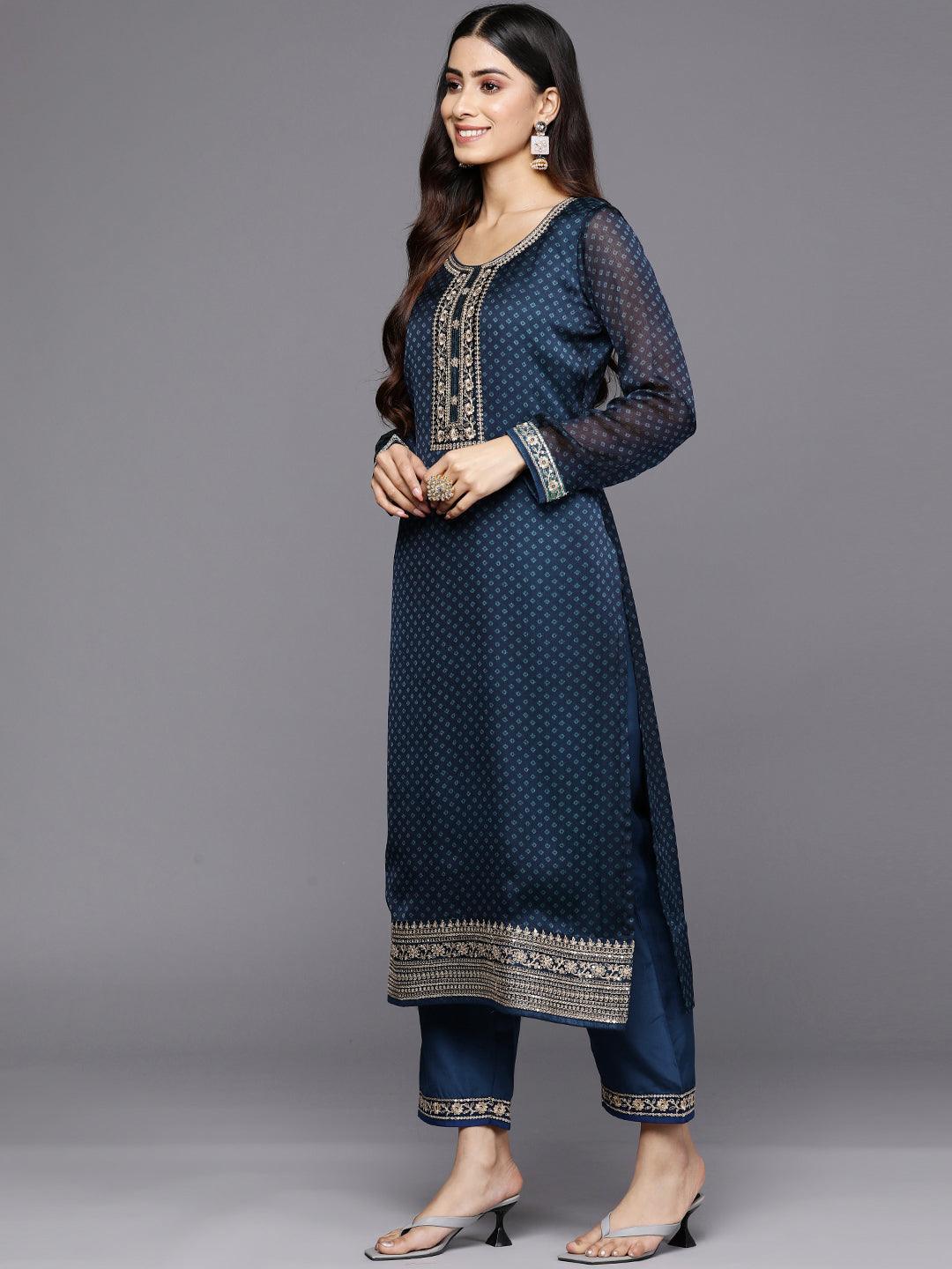 Blue Printed Chiffon Straight Suit Set With Trousers - Libas