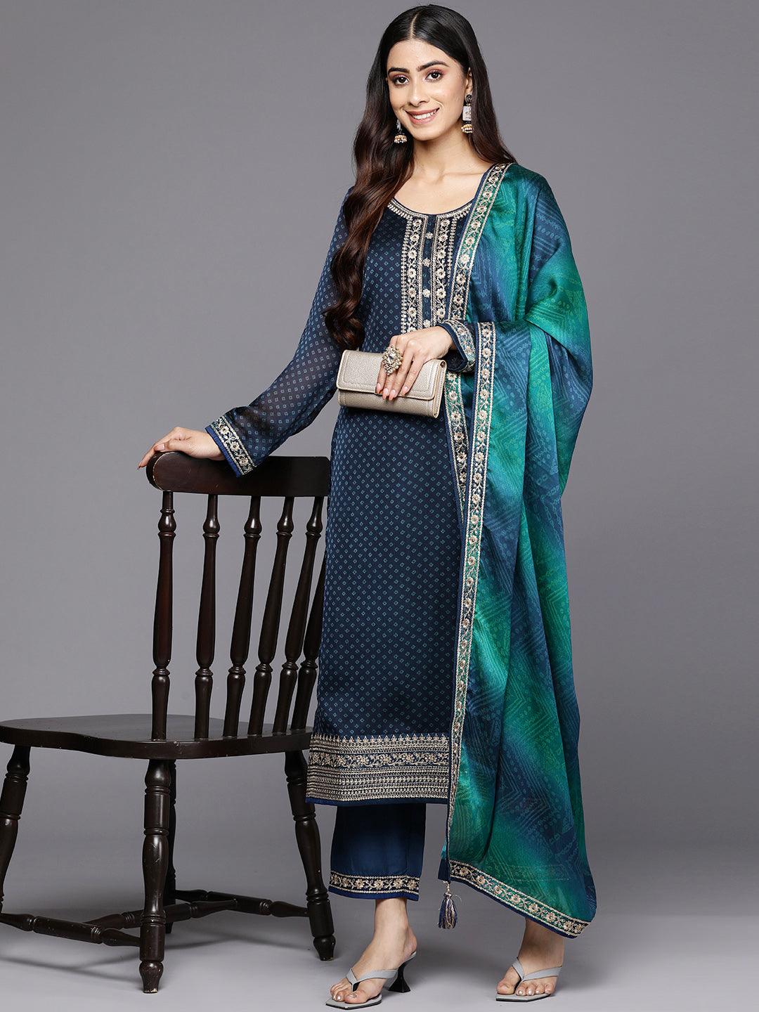 Blue Printed Chiffon Straight Suit Set With Trousers - Libas 