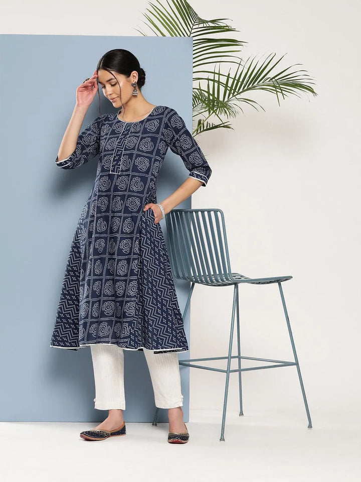 Blue Printed Cotton A-Line Kurta - Libas