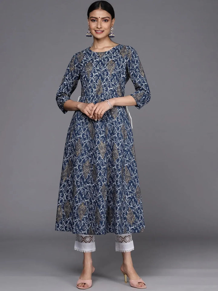 Blue Printed Cotton A-Line Kurta - Libas