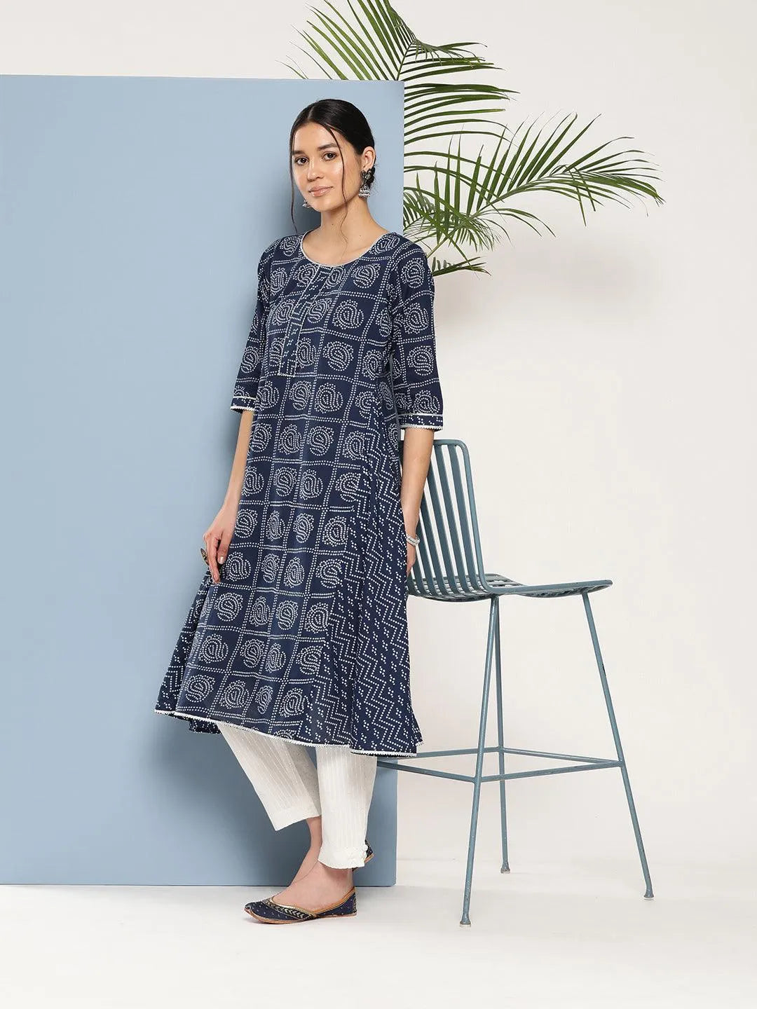 Blue Printed Cotton A-Line Kurta - Libas