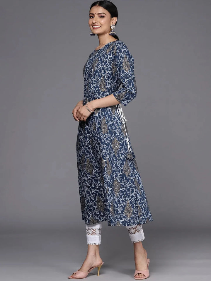 Blue Printed Cotton A-Line Kurta - Libas