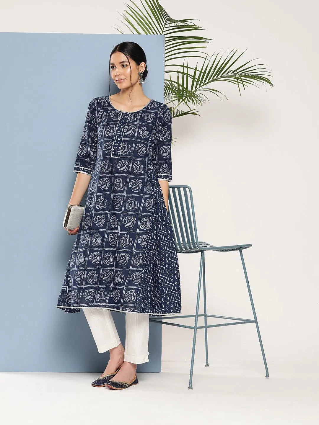 Blue Printed Cotton A-Line Kurta - Libas