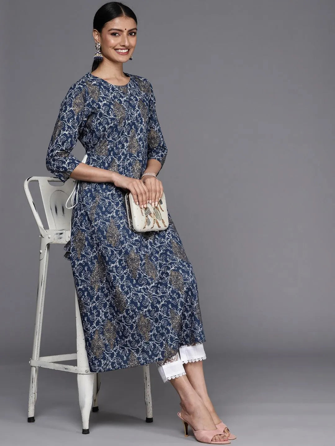 Blue Printed Cotton A-Line Kurta - Libas