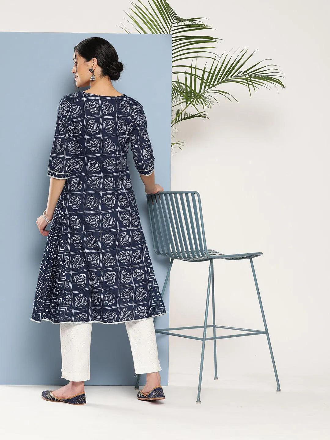 Blue Printed Cotton A-Line Kurta - Libas